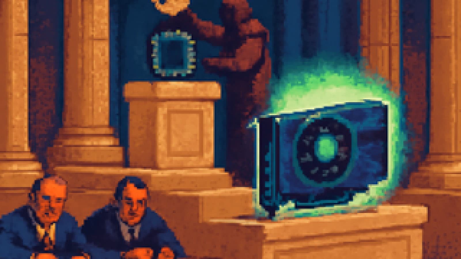Pixel-art of a small AI chip being crowned on a podium as a large graphics card stands on the lower step and officials stamp papers.