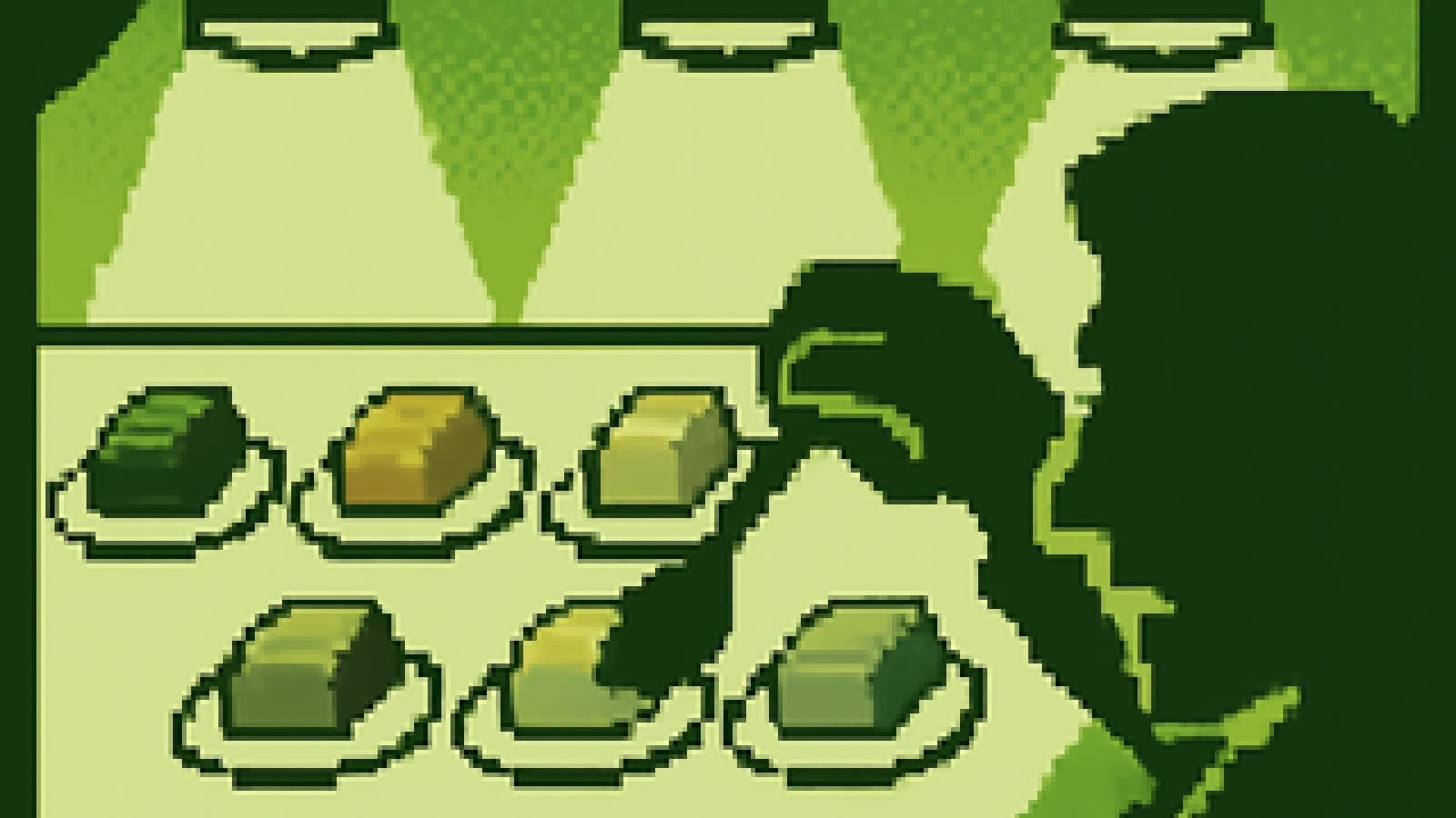 Pixel-art cooking show table with five metal ingots on plates and a tasting spoon above the copper one.