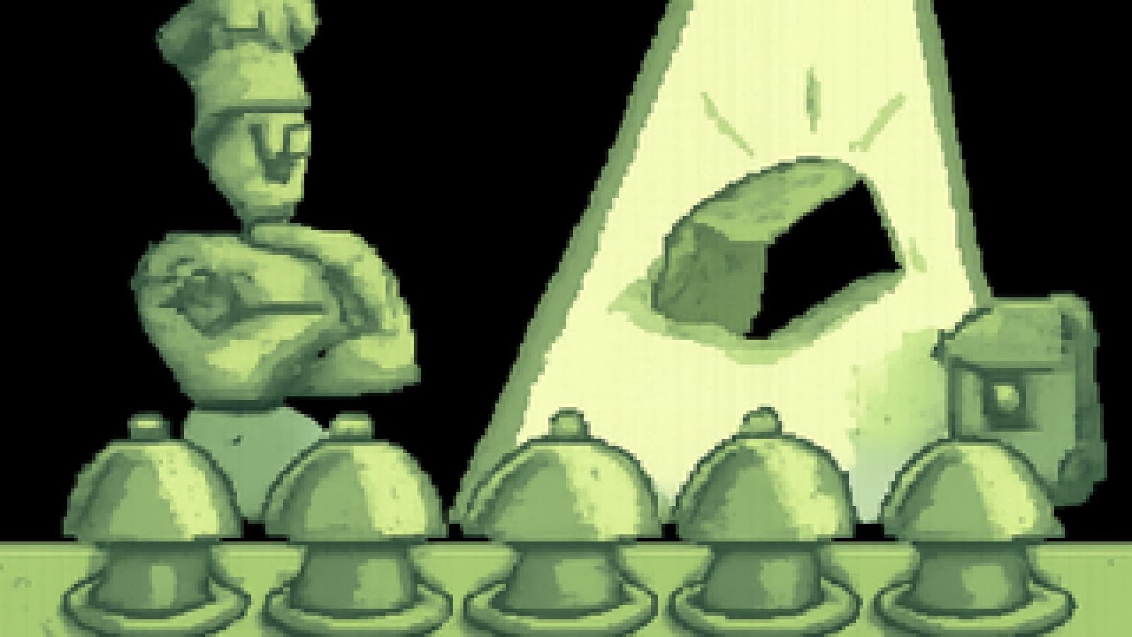 Pixel-art cooking show stage with five metal ingots served as dishes, the steel ingot in the spotlight.