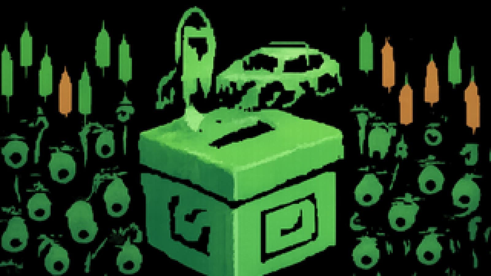 Illustration of a rocket and an electric car joined over a ballot box as a crowd of traders picks sides