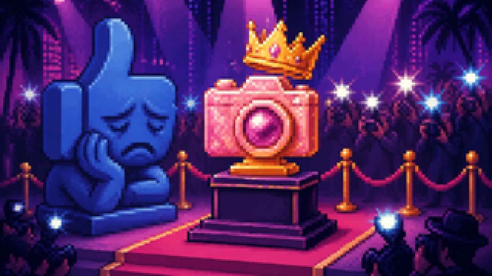 Illustration of a glittering trophy crowned on a red carpet while a blue thumbs-up statue sulks nearby
