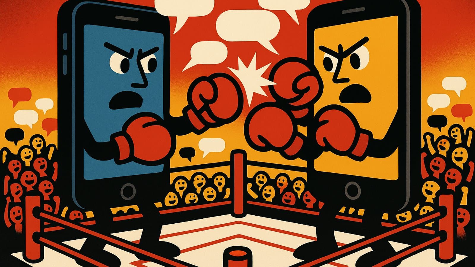 Two cartoon smartphones in a boxing ring throwing speech-bubble punches while a crowd cheers
