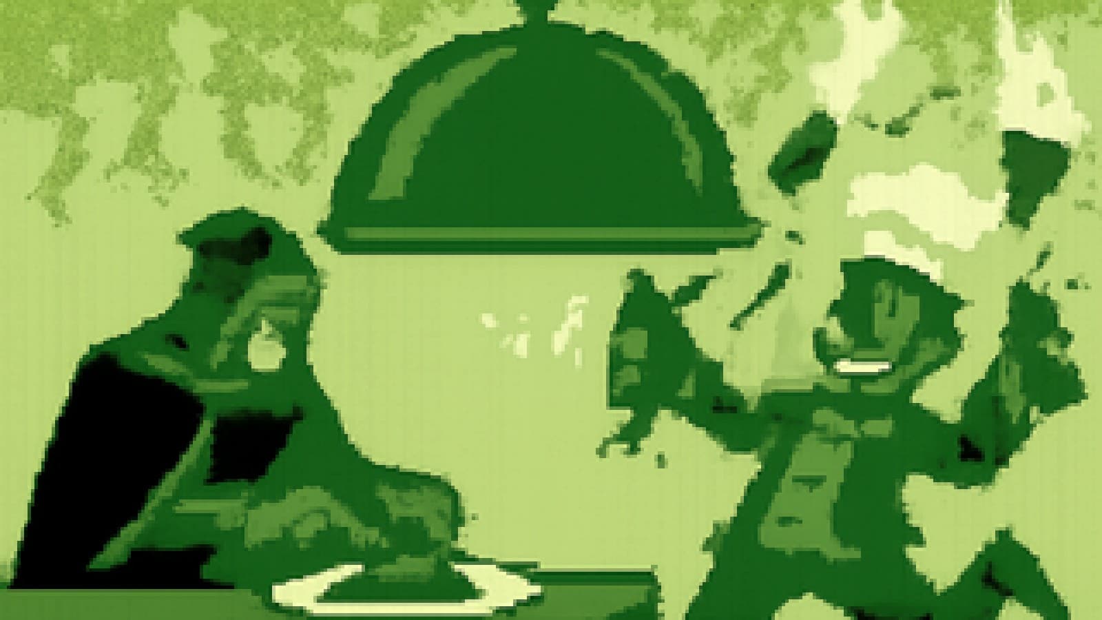 Pixel-art cook-off with a tidy caped chef facing a chaotic grinning chef juggling flaming pans.
