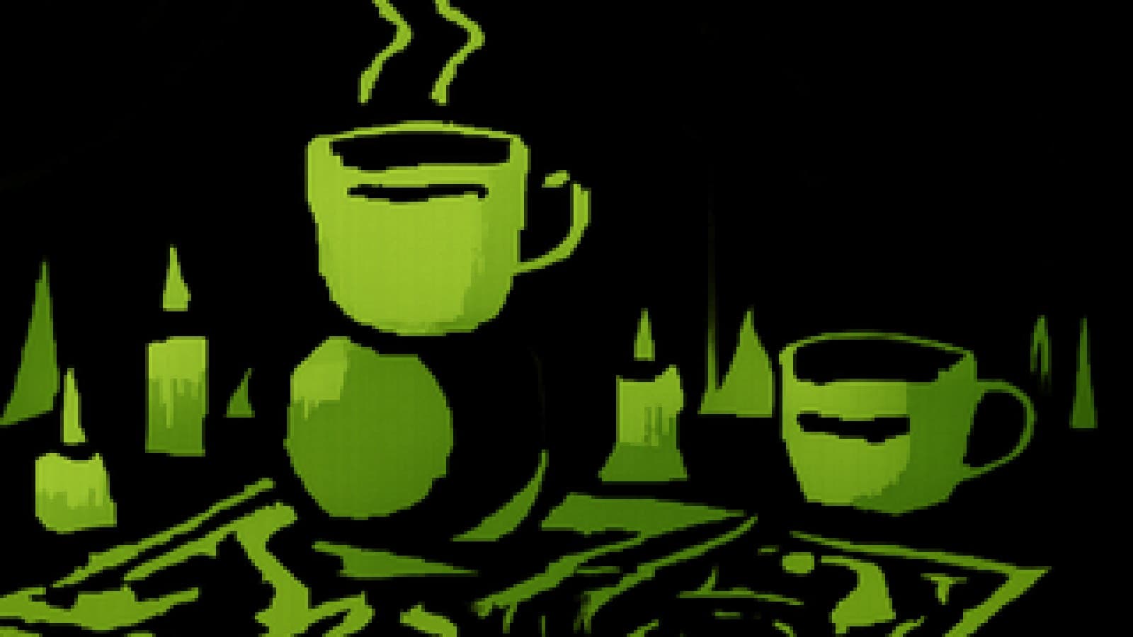 Pixel art of a glowing cup of chai sitting on a crystal ball in a candlelit fortune teller's tent while a green teacup waits in the shadows.