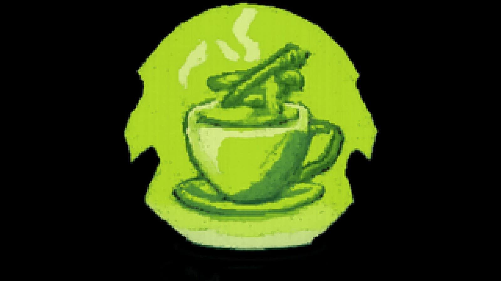 Pixel art of a crowned cup of spiced chai rising from a crystal ball, with a green teacup fading into mist behind it.