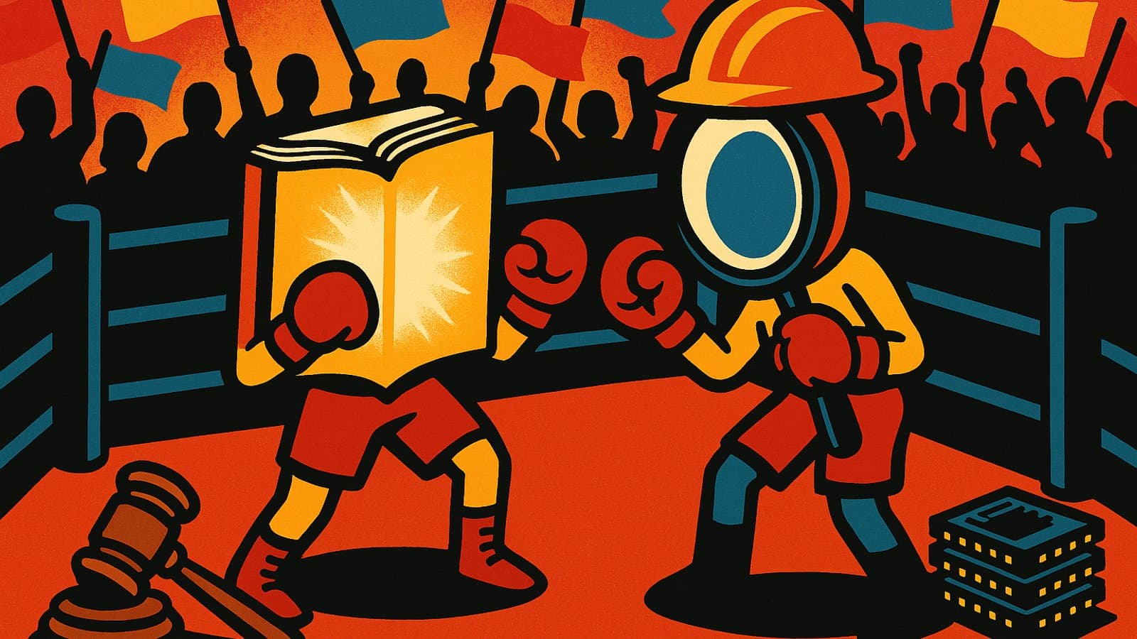 Cartoon boxing ring with an open book and a magnifying glass facing off, while a gavel and computer chips wait in the corners, representing the AI safety debate camps