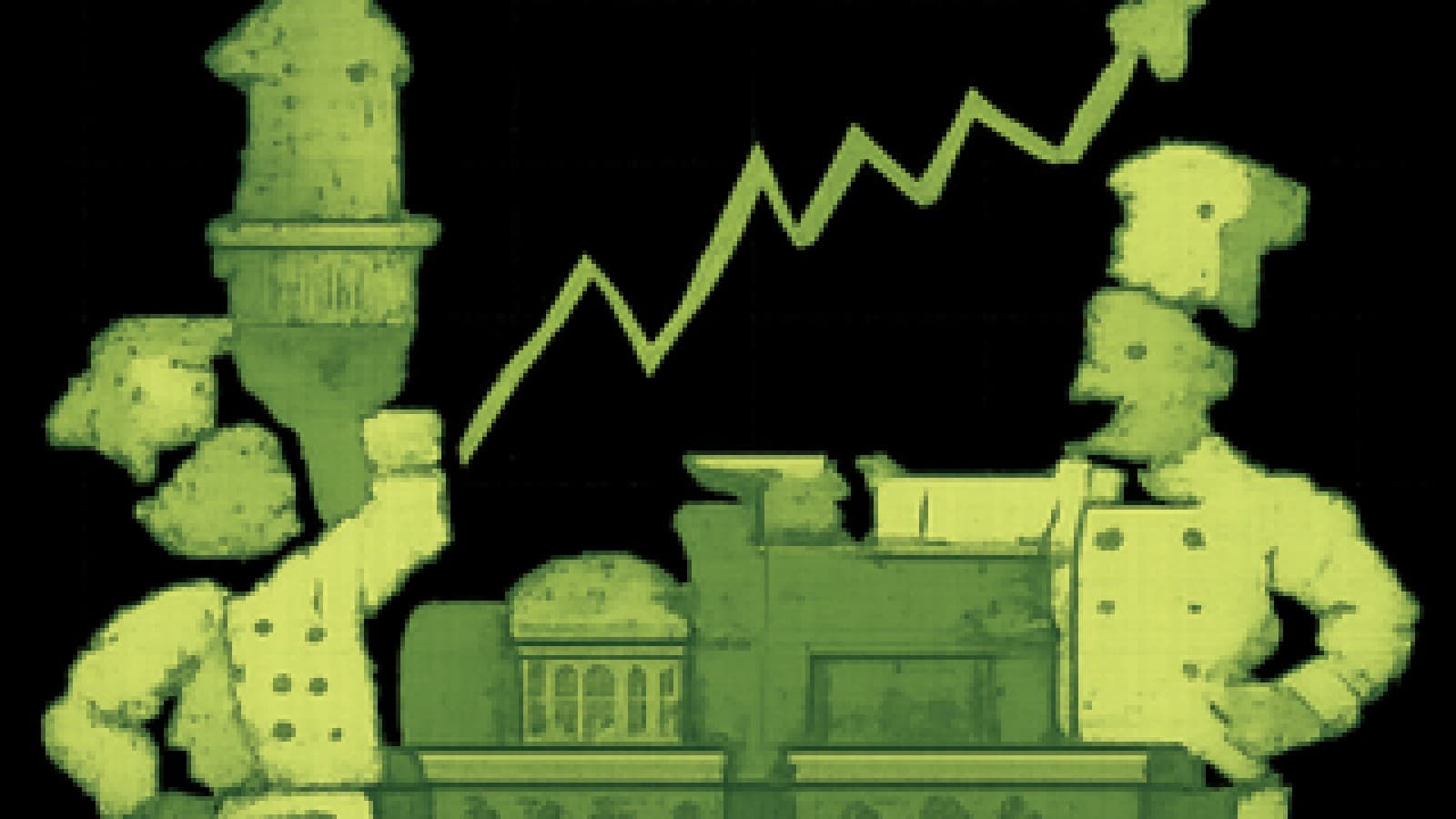 Pixel-art illustration of two chefs, one holding a rising soufflé and one pointing at a collapsing soufflé, with a caramel stock-chart line behind them.