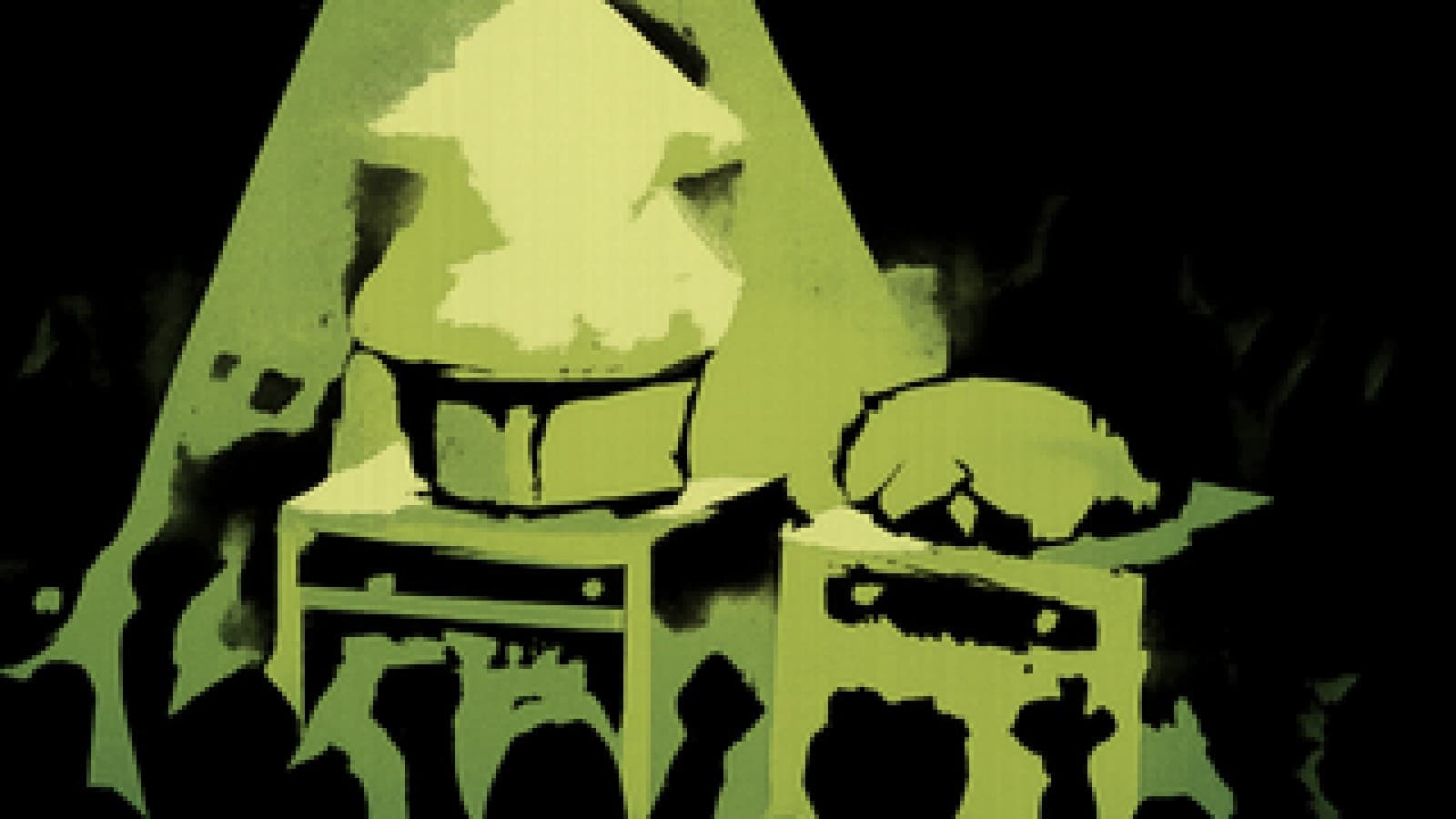 Pixel-art cooking show stage with a rising golden arrow-shaped soufflé on one side and a collapsing grey soufflé on the other, lit by a spotlight.