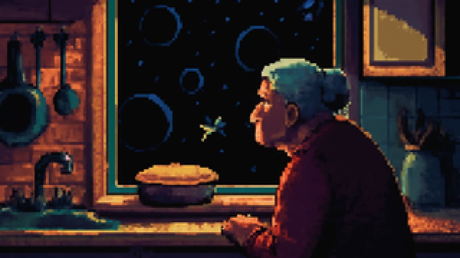Pixel-art grandmother in a kitchen looking out at a silent, starry sky beside a cooling pie