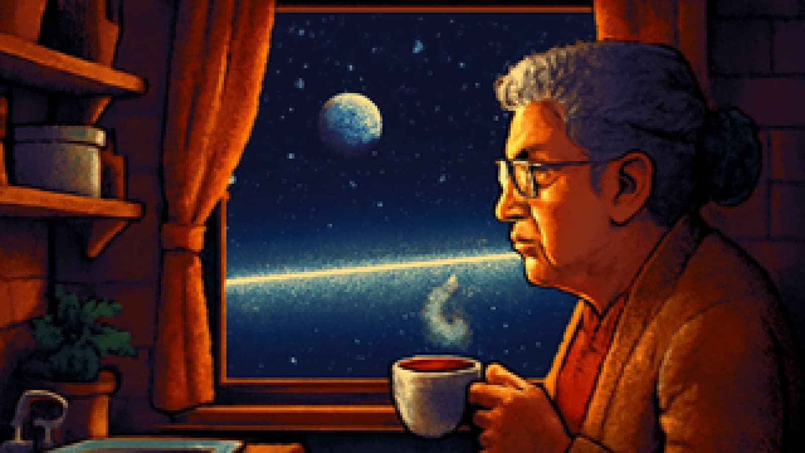 Pixel-art grandmother at a kitchen window gazing at a silent starry sky with a glowing barrier on the horizon