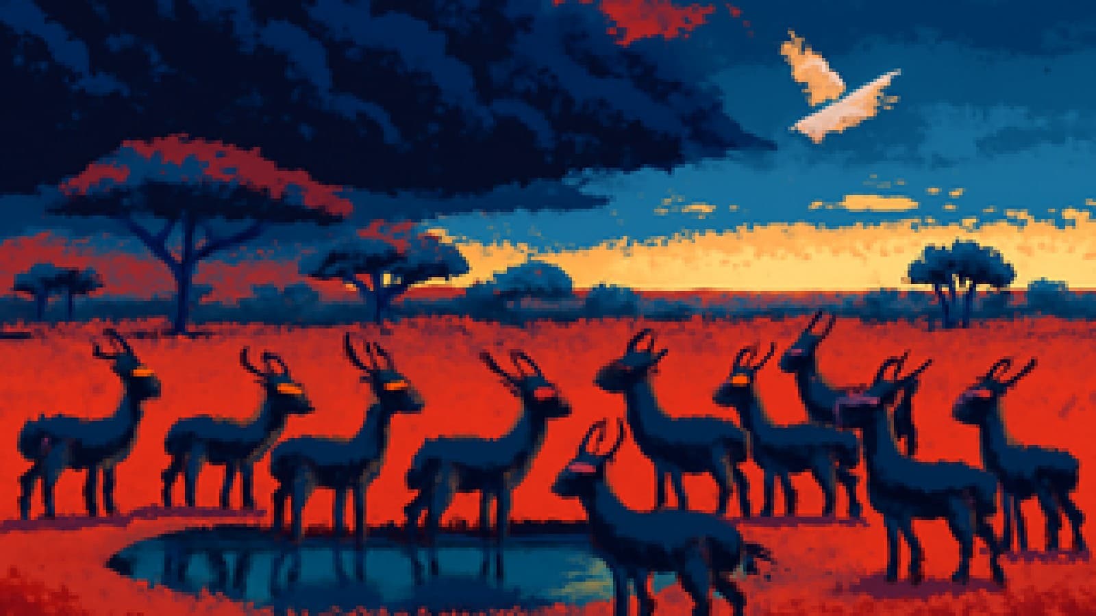 Pixel-art gazelles at a waterhole, most facing storm clouds, a few watching a white dove fly toward golden light.