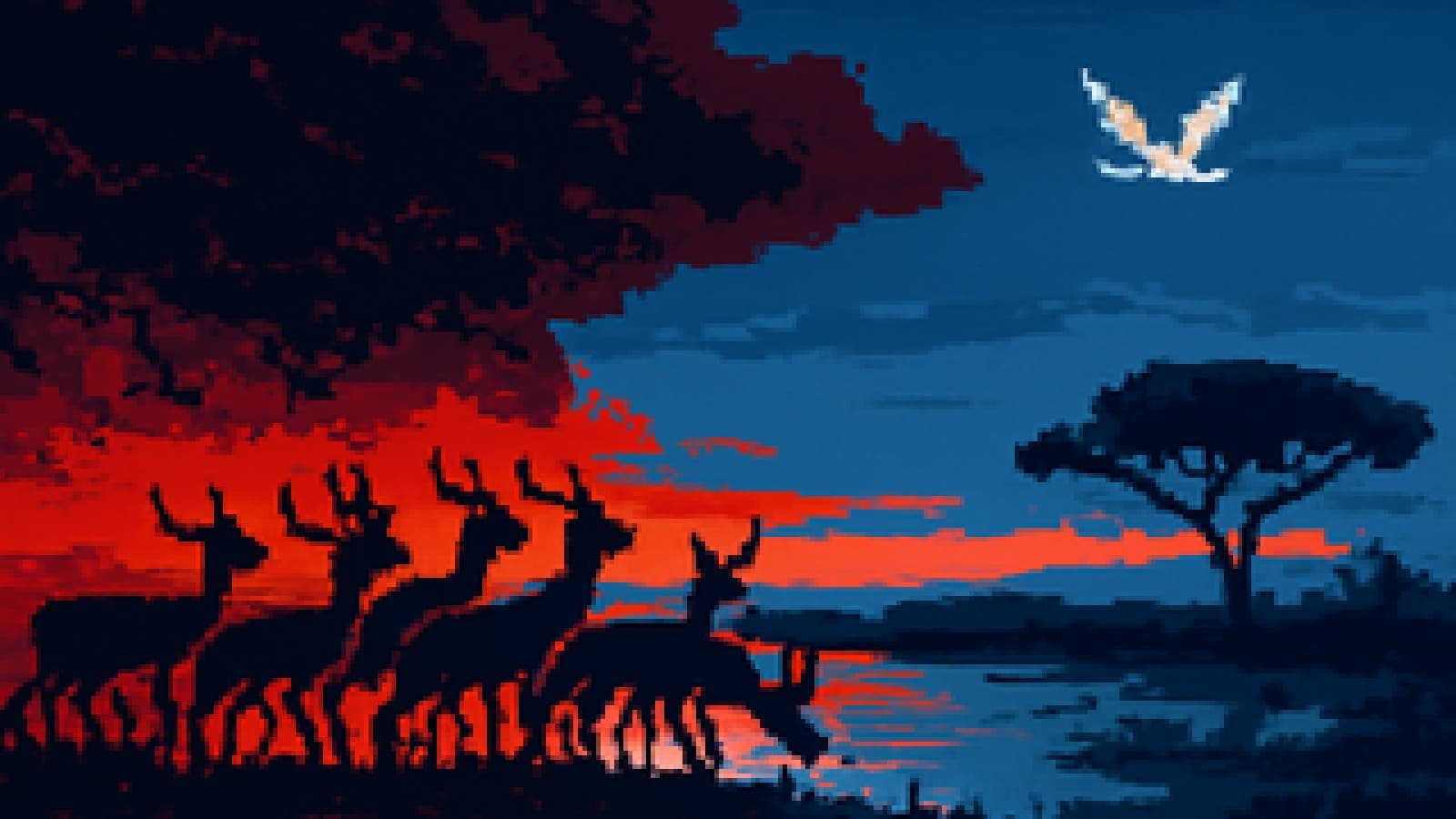 Pixel-art antelope at a waterhole facing a storm cloud while a single dove flies toward distant light.