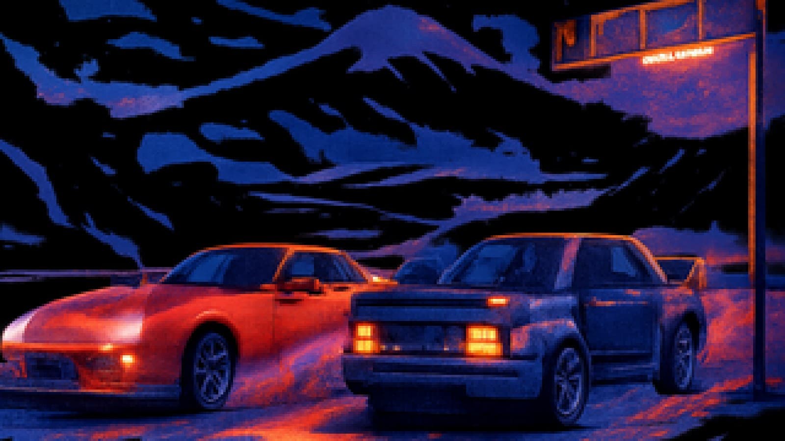 Pixel-art of two Japanese sports cars launching side by side on a neon-lit mountain road at night.