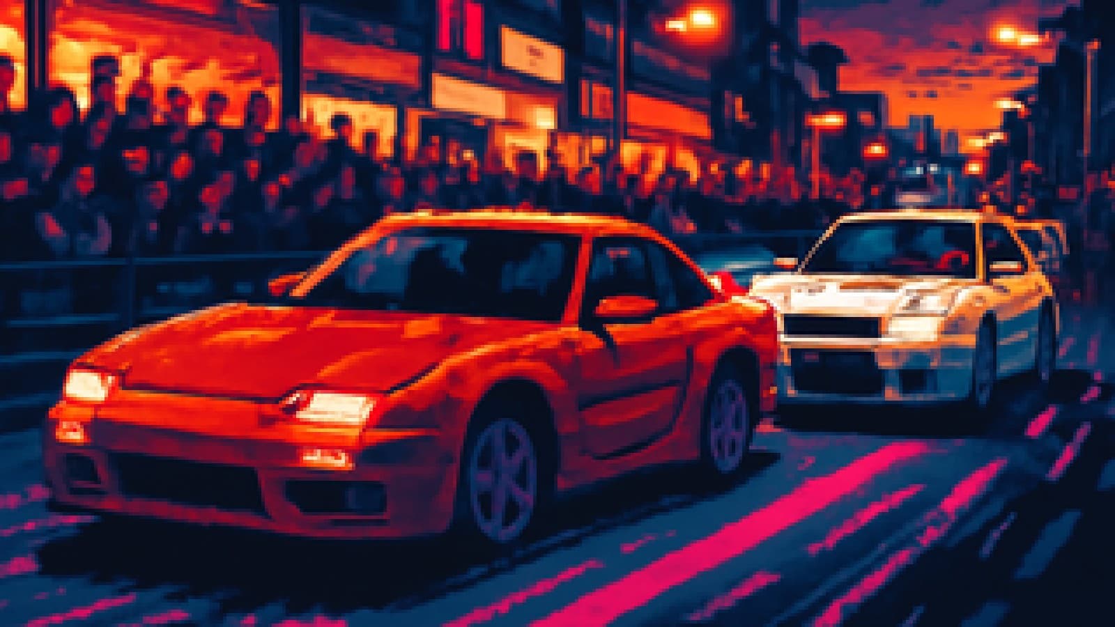 Pixel-art of a red Japanese coupe narrowly leading a white winged rally sedan through a neon street lined with fans.
