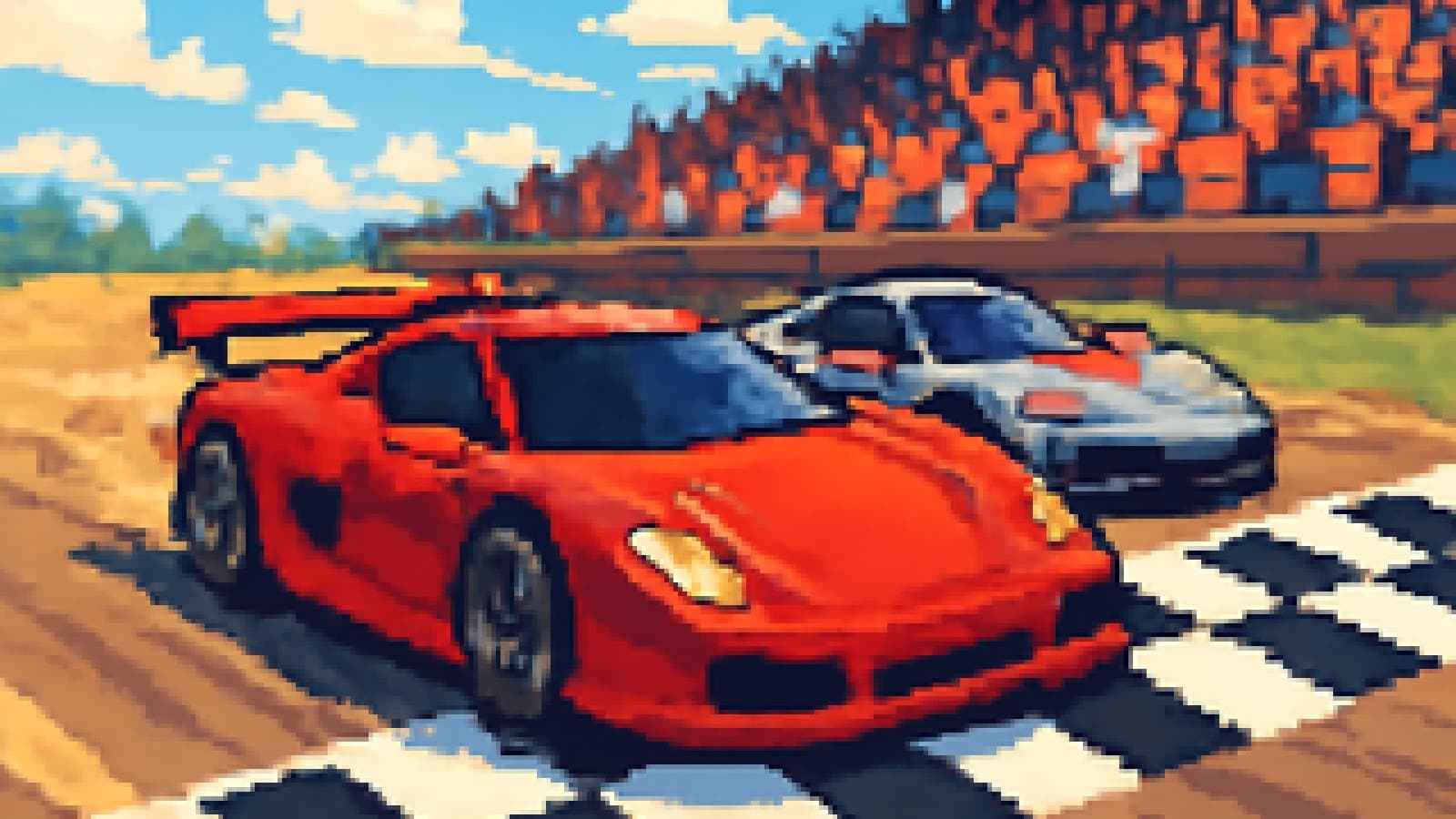 Pixel-art red supercar crossing a finish line just ahead of a second supercar, with a cheering crowd behind.
