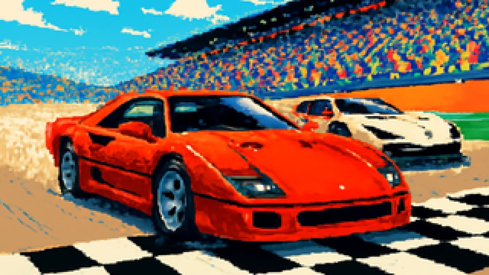 A red supercar crossing a race finish line ahead of a rival hypercar while a crowd cheers.