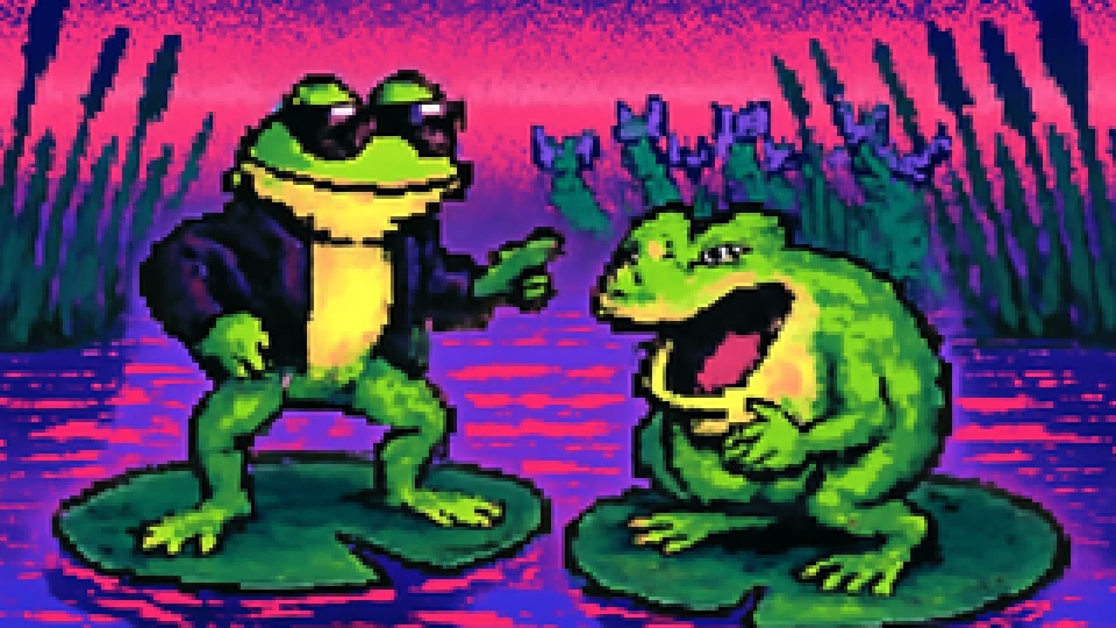 Pixel-art of a stylish frog in sunglasses facing a laughing frog on lily pads while small frogs watch.