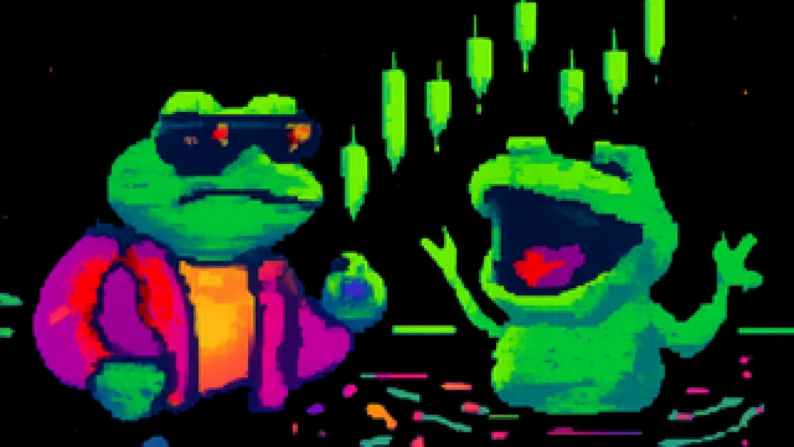 Pixel-art of a stylish frog and a laughing frog facing off in a neon pond under green chart candles.
