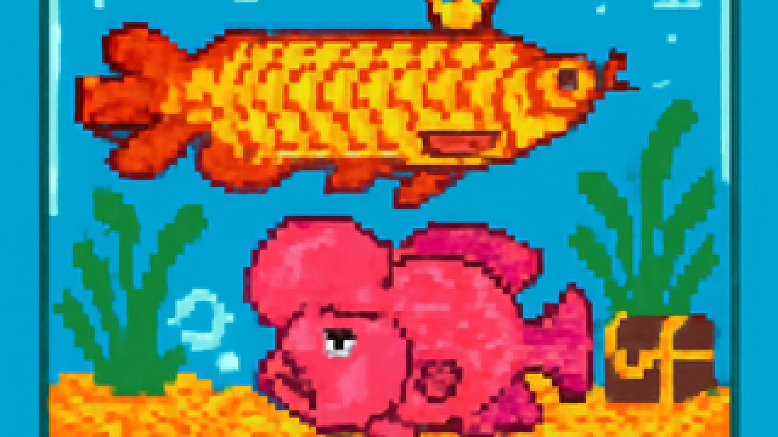pixel-art fish tank with a crowned arowana swimming above a sulking flowerhorn fish blowing a bubble
