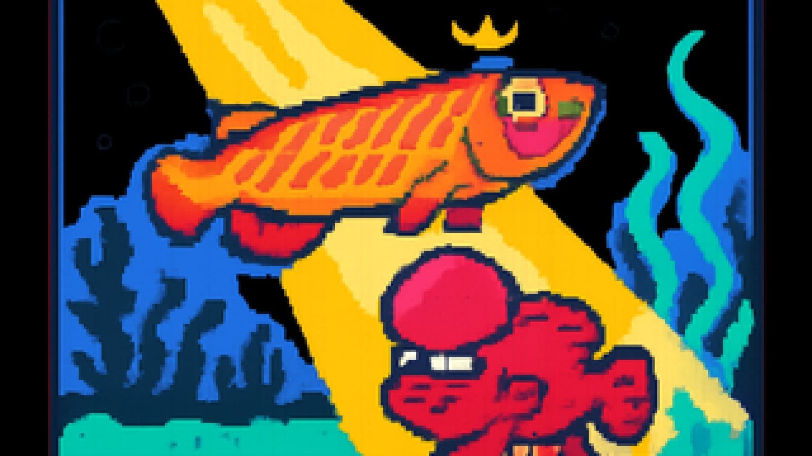 pixel-art aquarium with a crowned arowana fish swimming above a defeated-looking flowerhorn fish