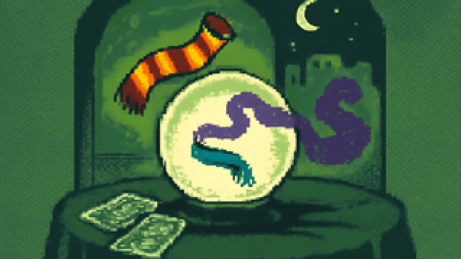 Crystal ball showing a red-and-gold football scarf rising over a blue scarf fading into mystical smoke