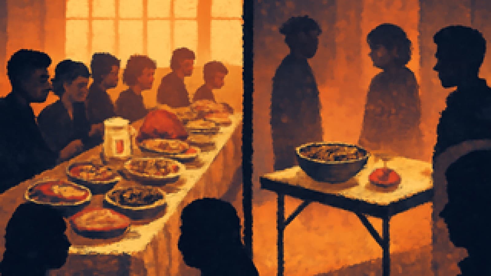 pixel art of a crowded shared community meal table next to a nearly empty snack table