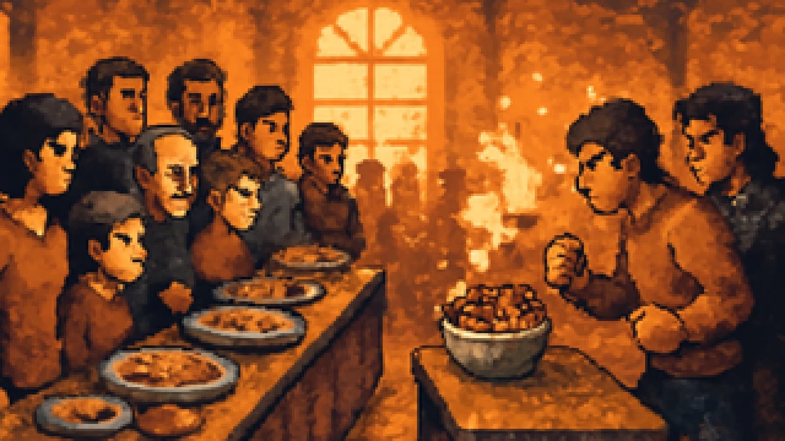 pixel art of two groups at an event facing off, one at a shared community meal table and one at a small snack station