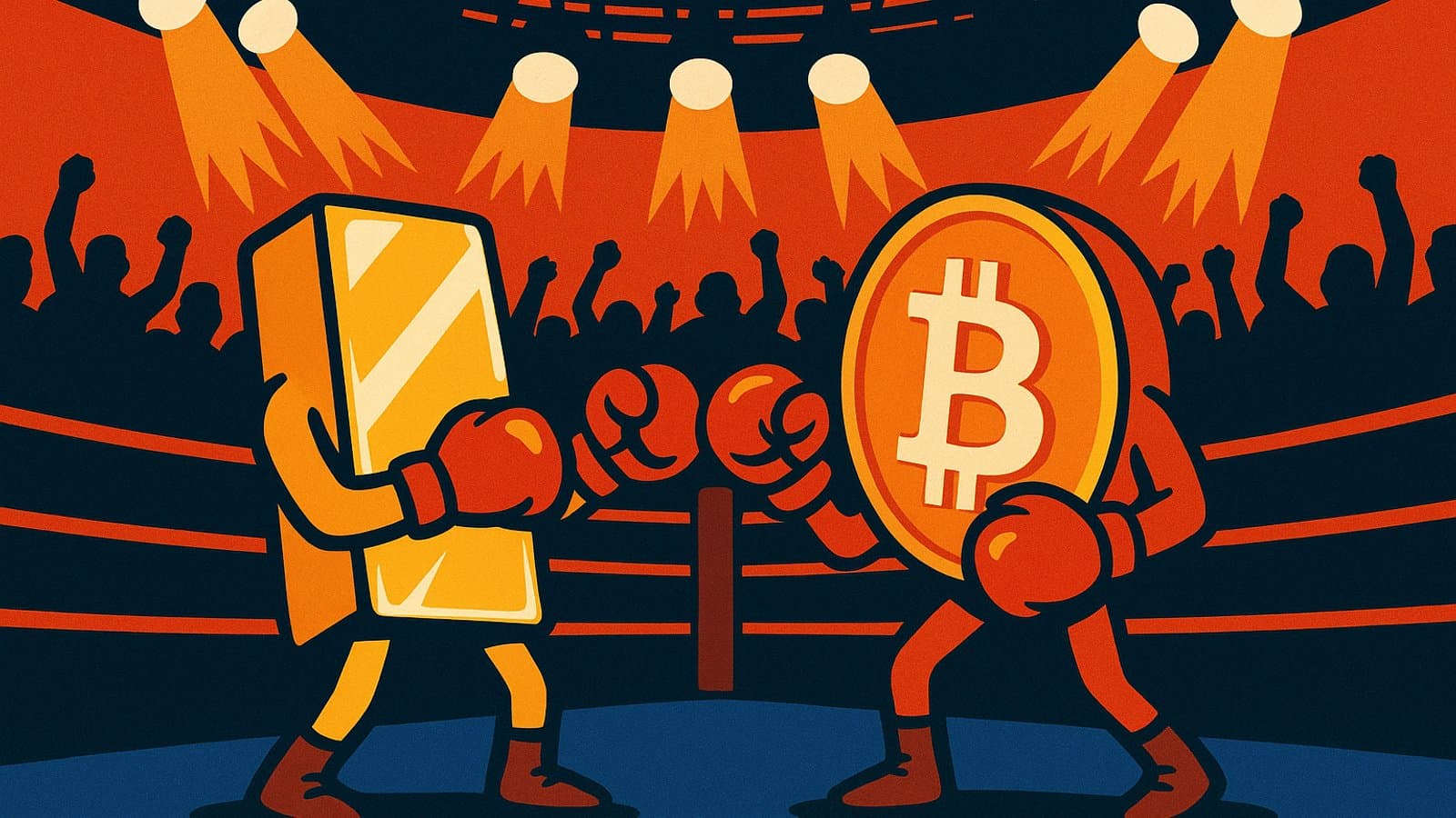 Cartoon of a gold bar and a Bitcoin coin facing off in a boxing ring in front of a cheering crowd