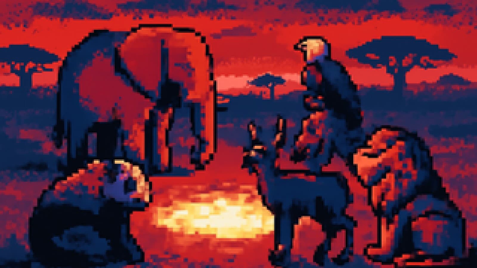 Pixel-art animals gathered around a watering hole at dusk, with an elephant slightly in front.
