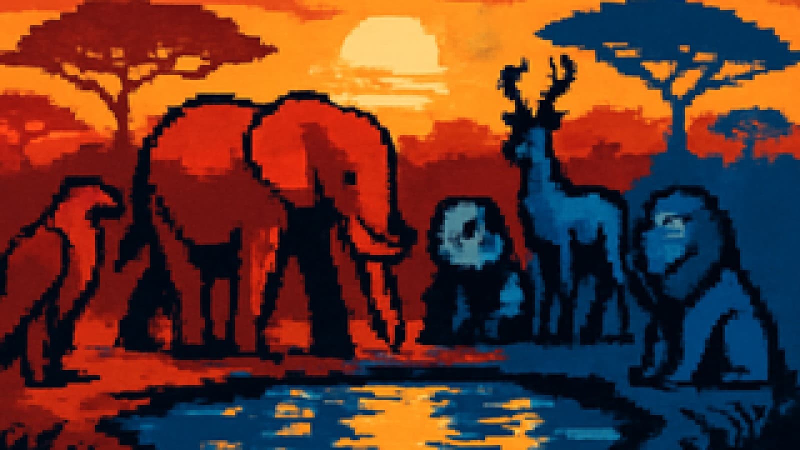 Pixel-art animals representing five countries gathered at a watering hole, with an elephant stepping ahead.