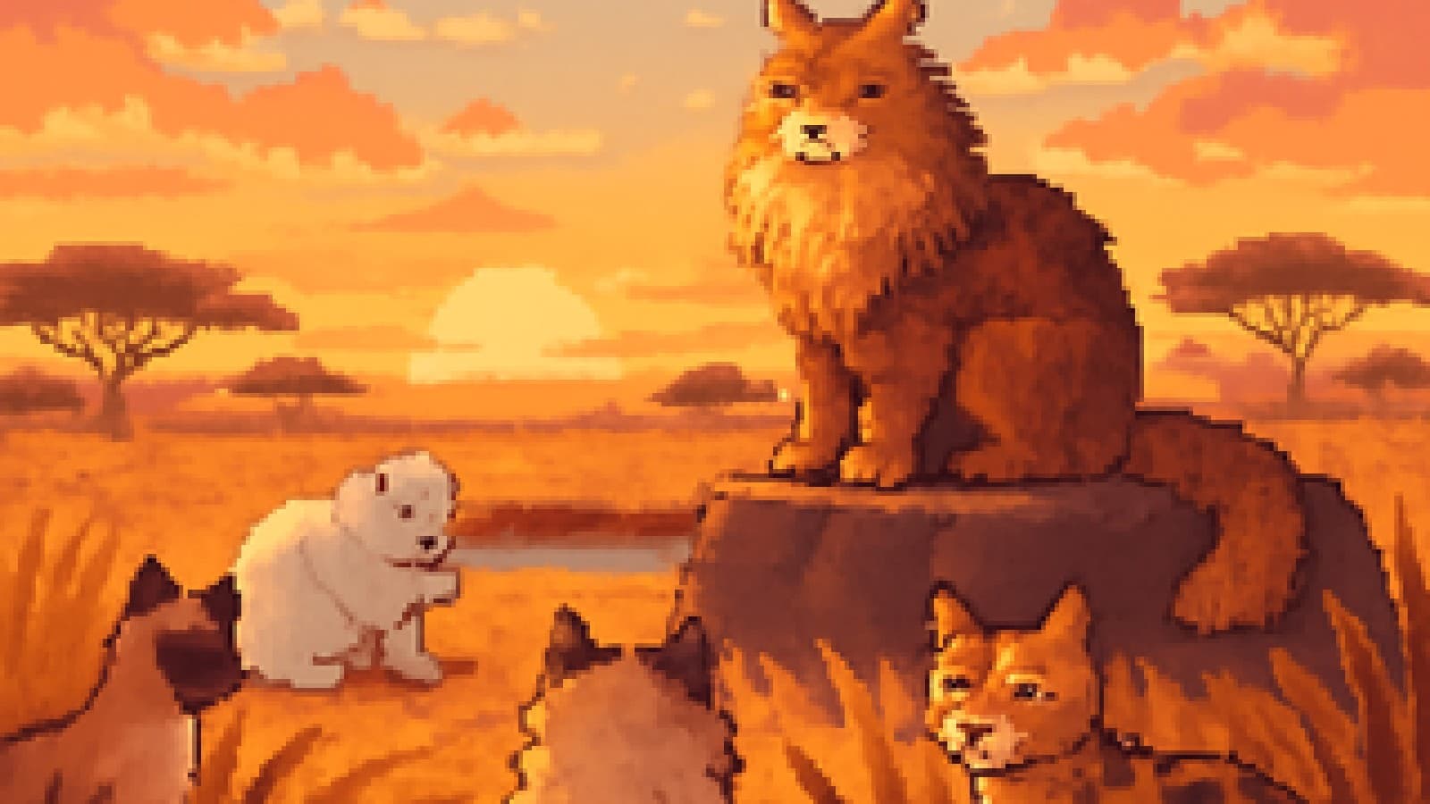 Pixel-art Maine Coon cat sitting on a rock above a savanna waterhole, with other cat breeds watching