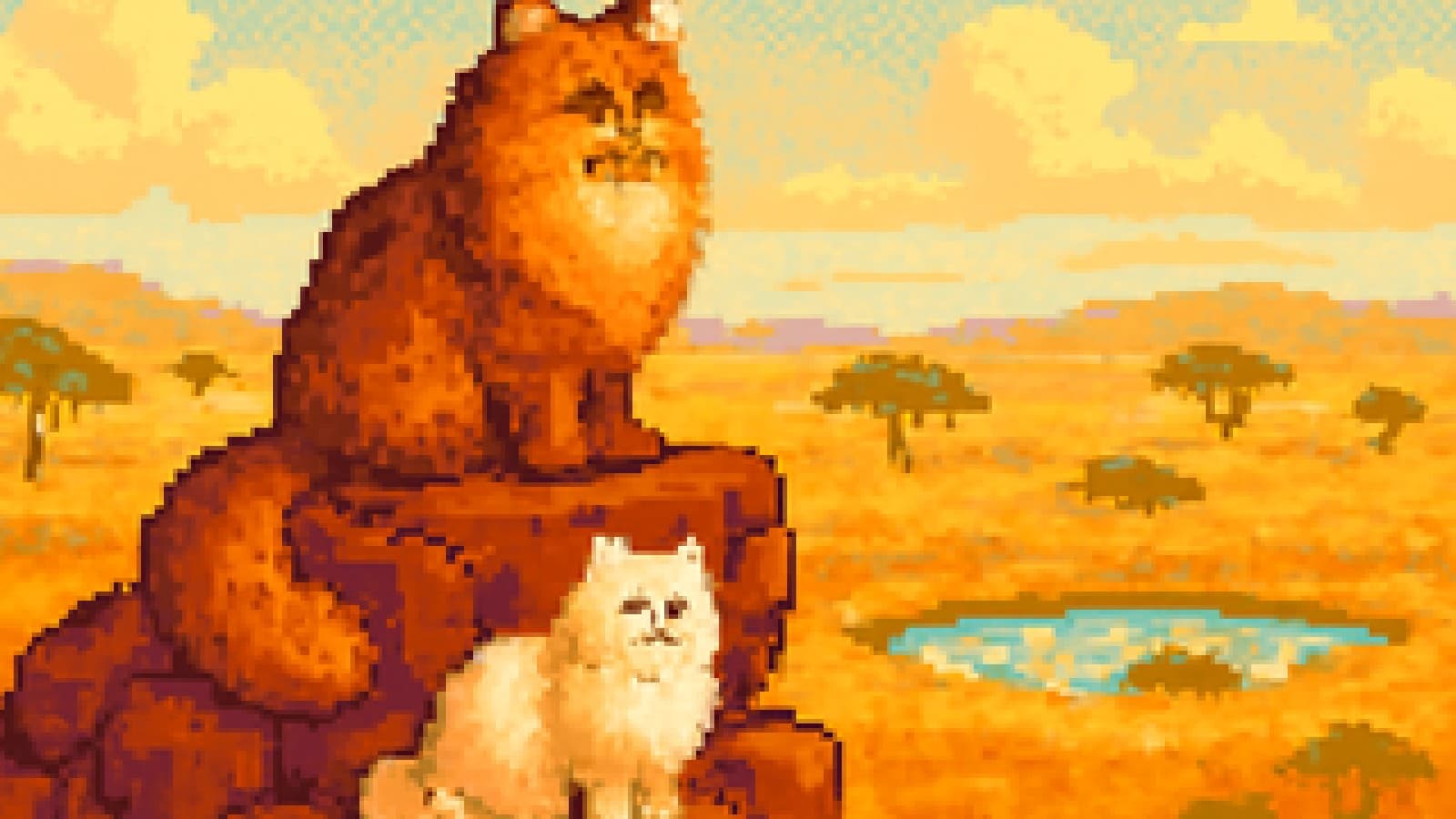 Pixel-art Maine Coon cat sitting on a rock above a savanna waterhole like a king, with a Persian cat just below it