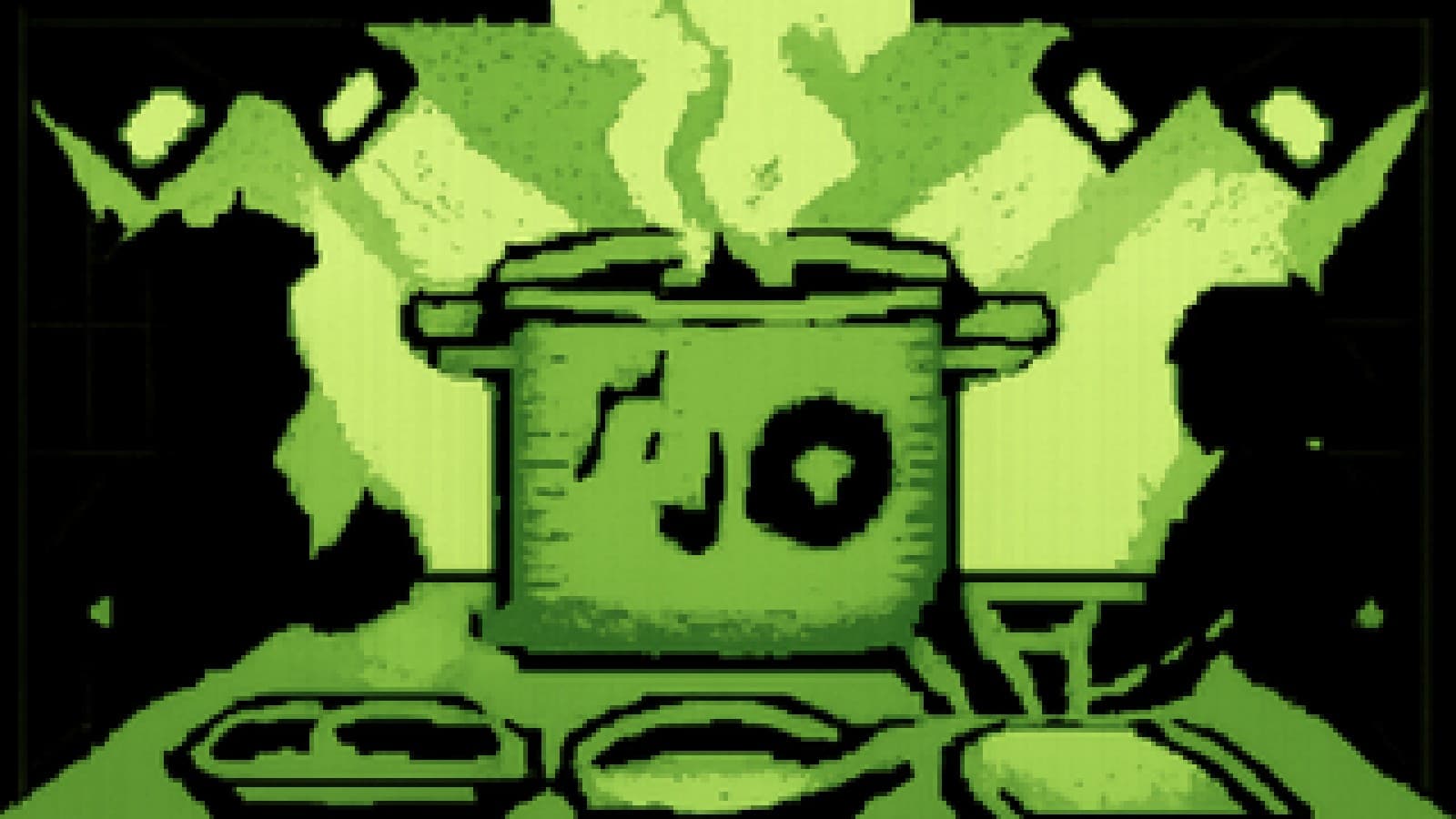 Pixel-art kitchen with a huge steaming stock pot decorated with turntables and musical notes, surrounded by smaller glittering pans under studio lights.