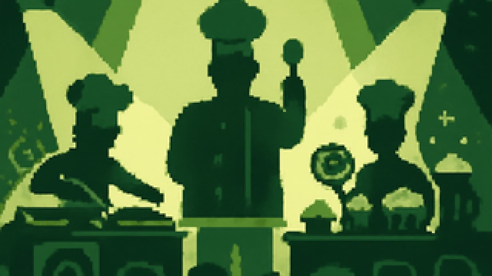 Pixel-art cook-off stage with a judge between a turntable-filled hip-hop station and a glittering pop dessert station.