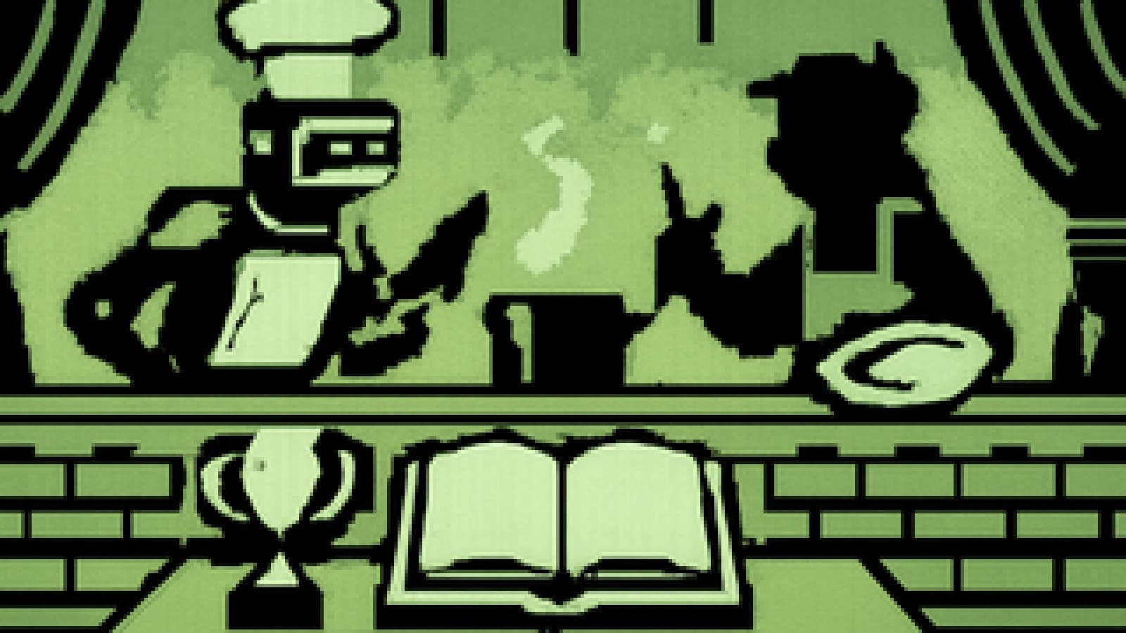 Pixel-art scene of a robot chef and a human painter cooking at rival stoves in front of a judges' table with a golden spoon.