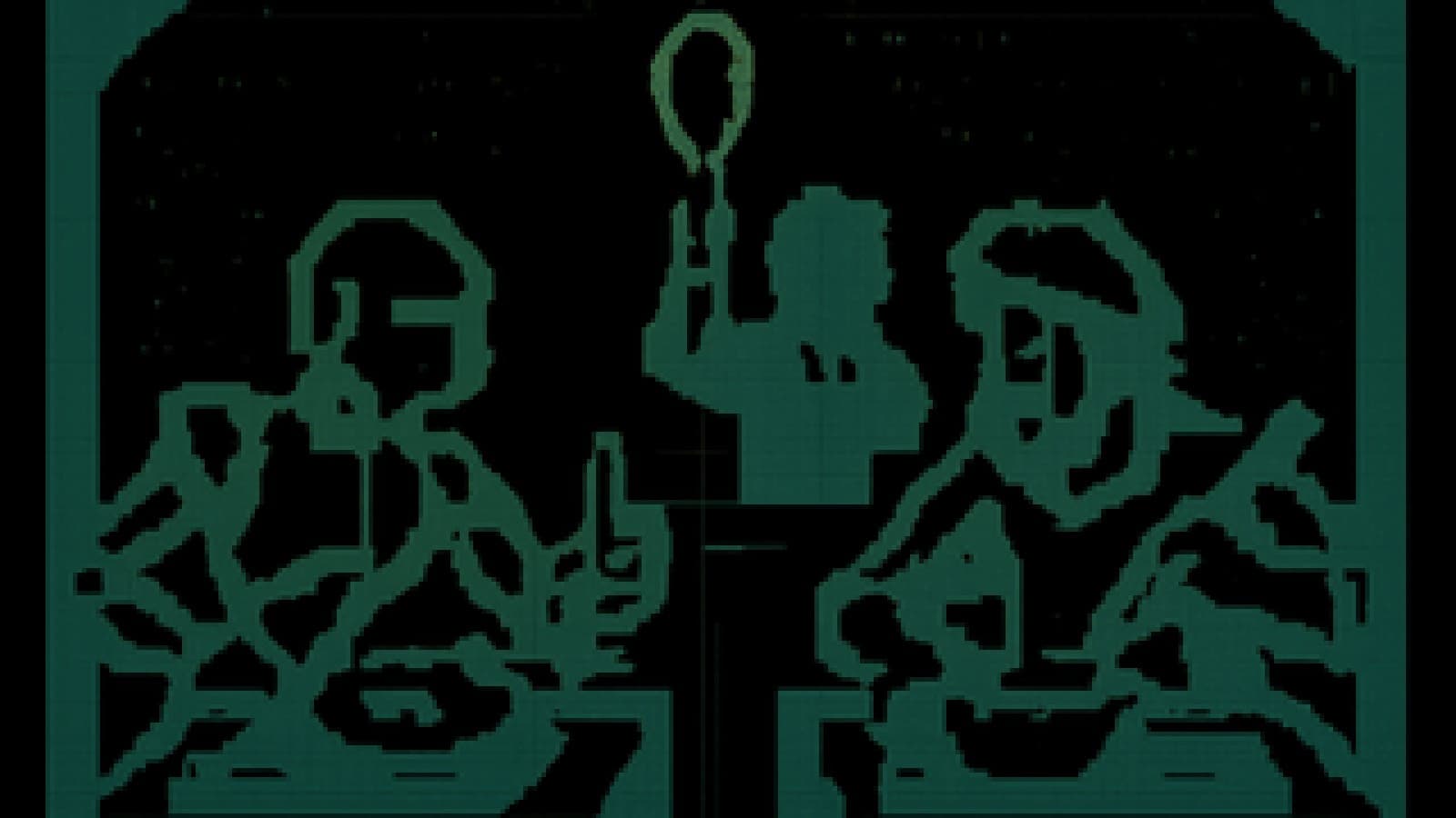 Pixel-art cooking show scene of a robot chef and a human artist competing at stoves while a golden spoon is raised over the robot's dish.