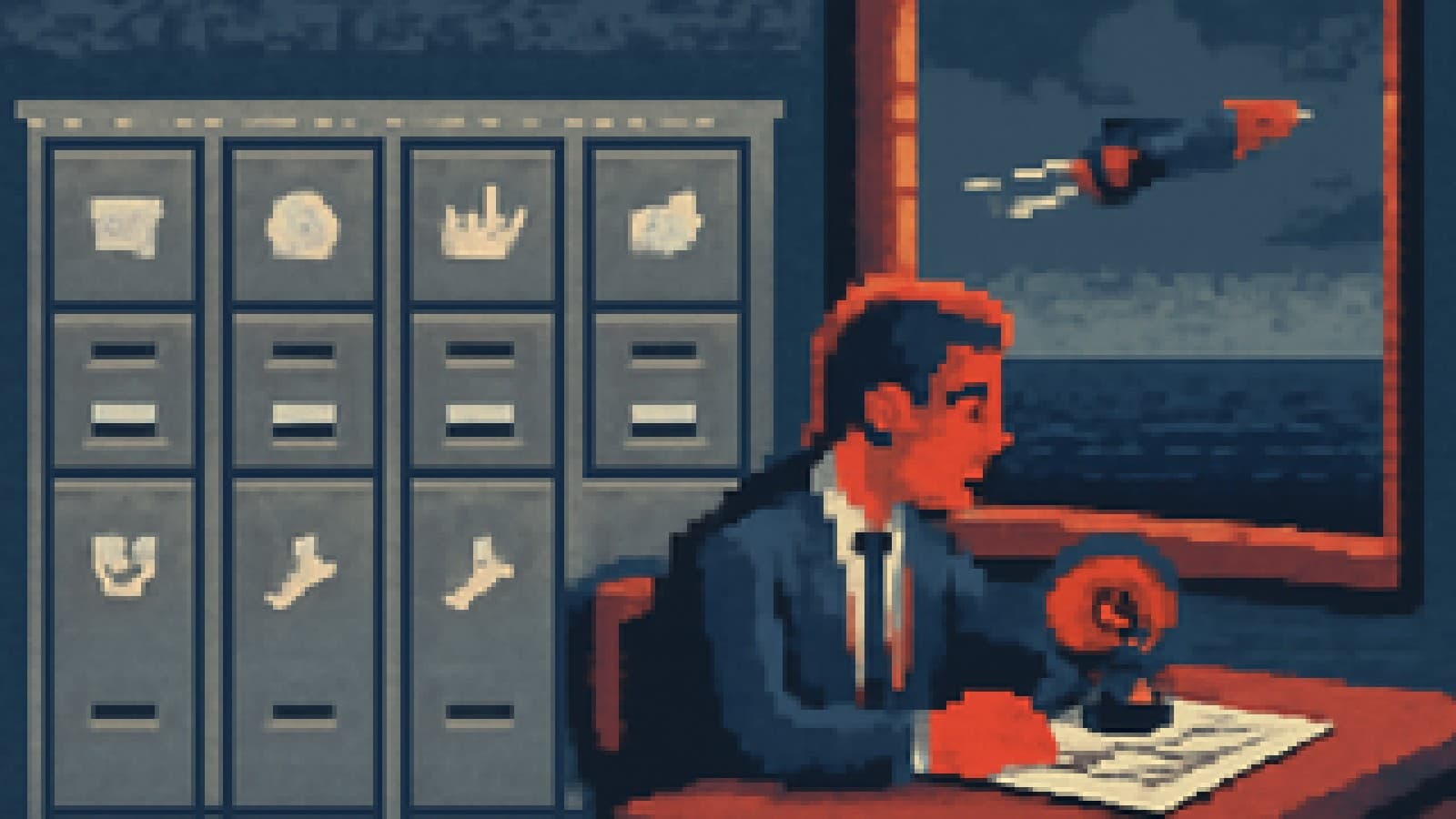 Pixel-art clerk in a grey office choosing between five filing cabinets with icons while a missile crosses the window behind him.