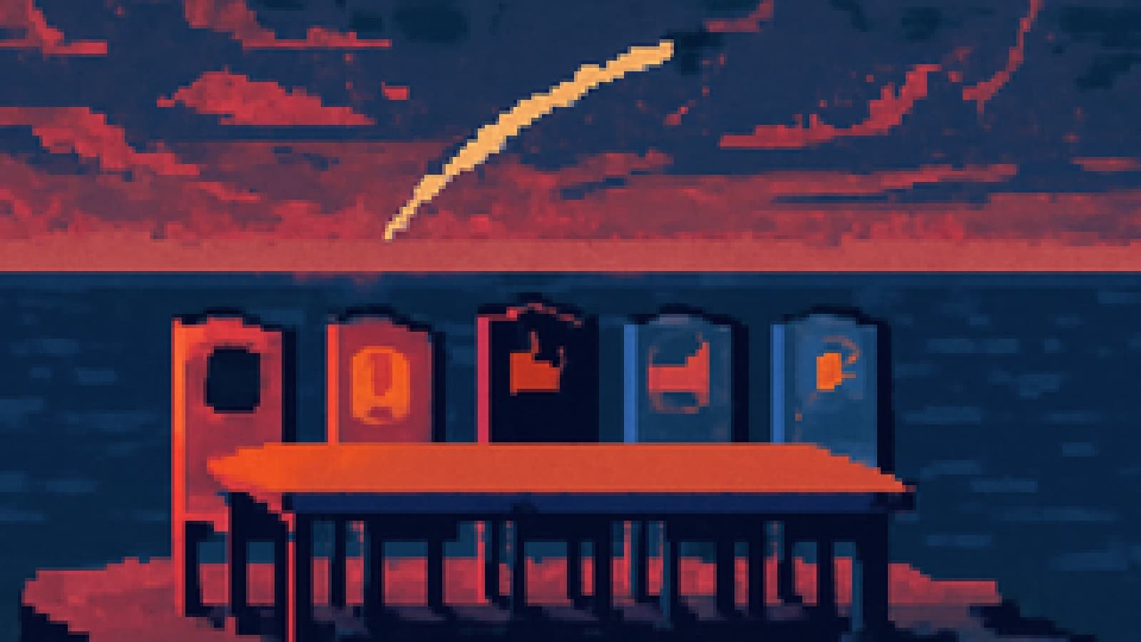 Pixel-art committee table with five empty icon-marked chairs on a cliff, a missile arcing over the sea at dusk.