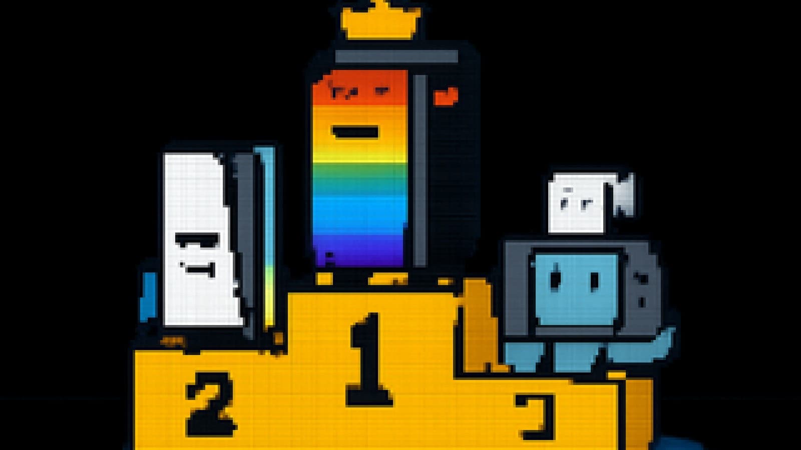 pixel art of a crowned gaming pc on a podium, a console in second place and a handheld holding a pile of receipts