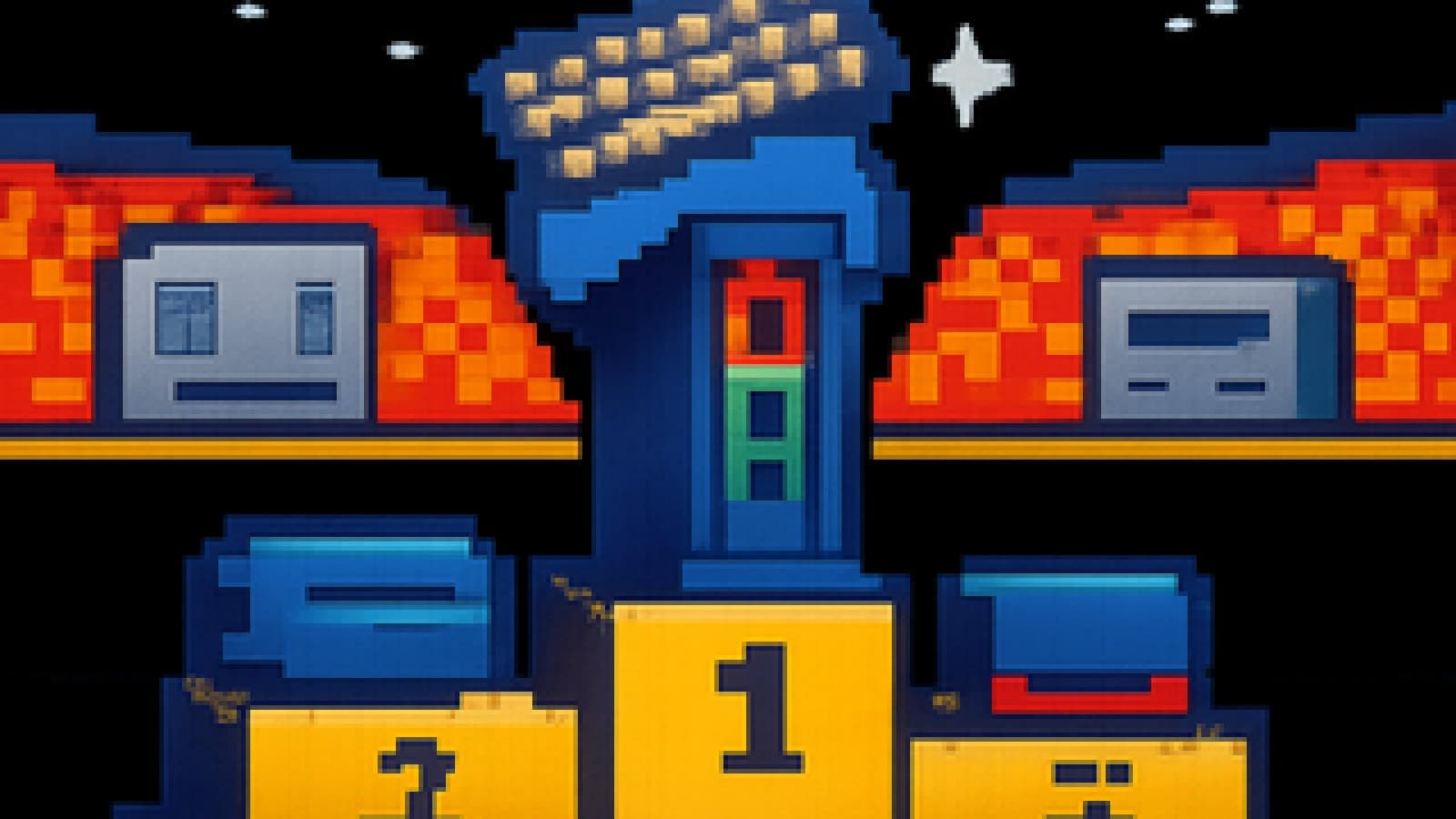 pixel art of a gaming pc on a winner's podium with consoles in lower places and in the stands