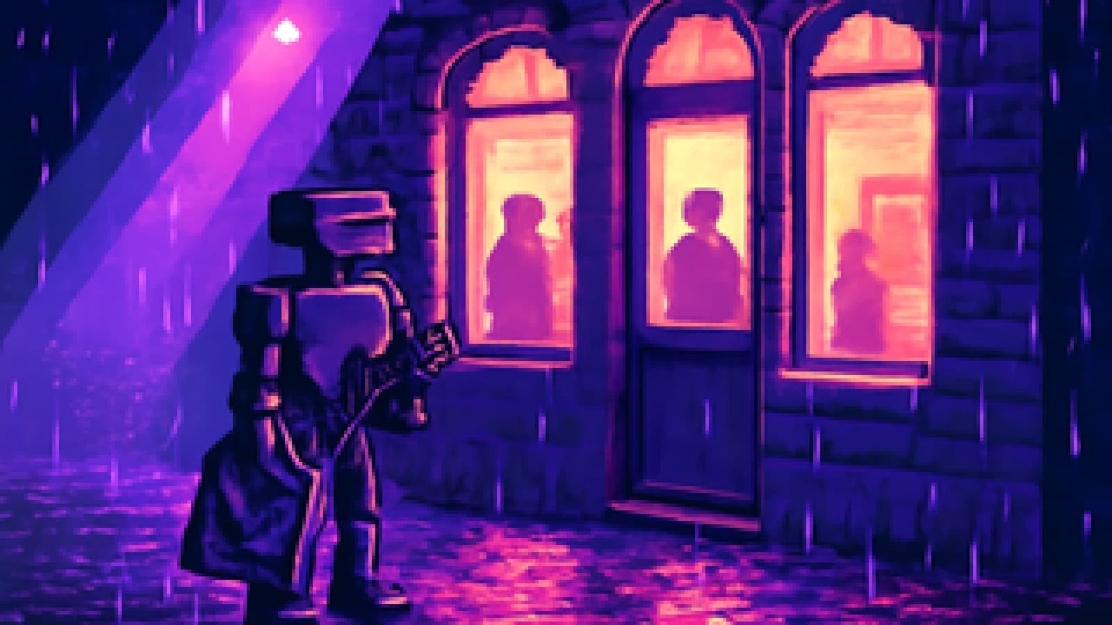 Pixel-art robot in the rain outside a lit art gallery, holding wilted roses and a framed painting.