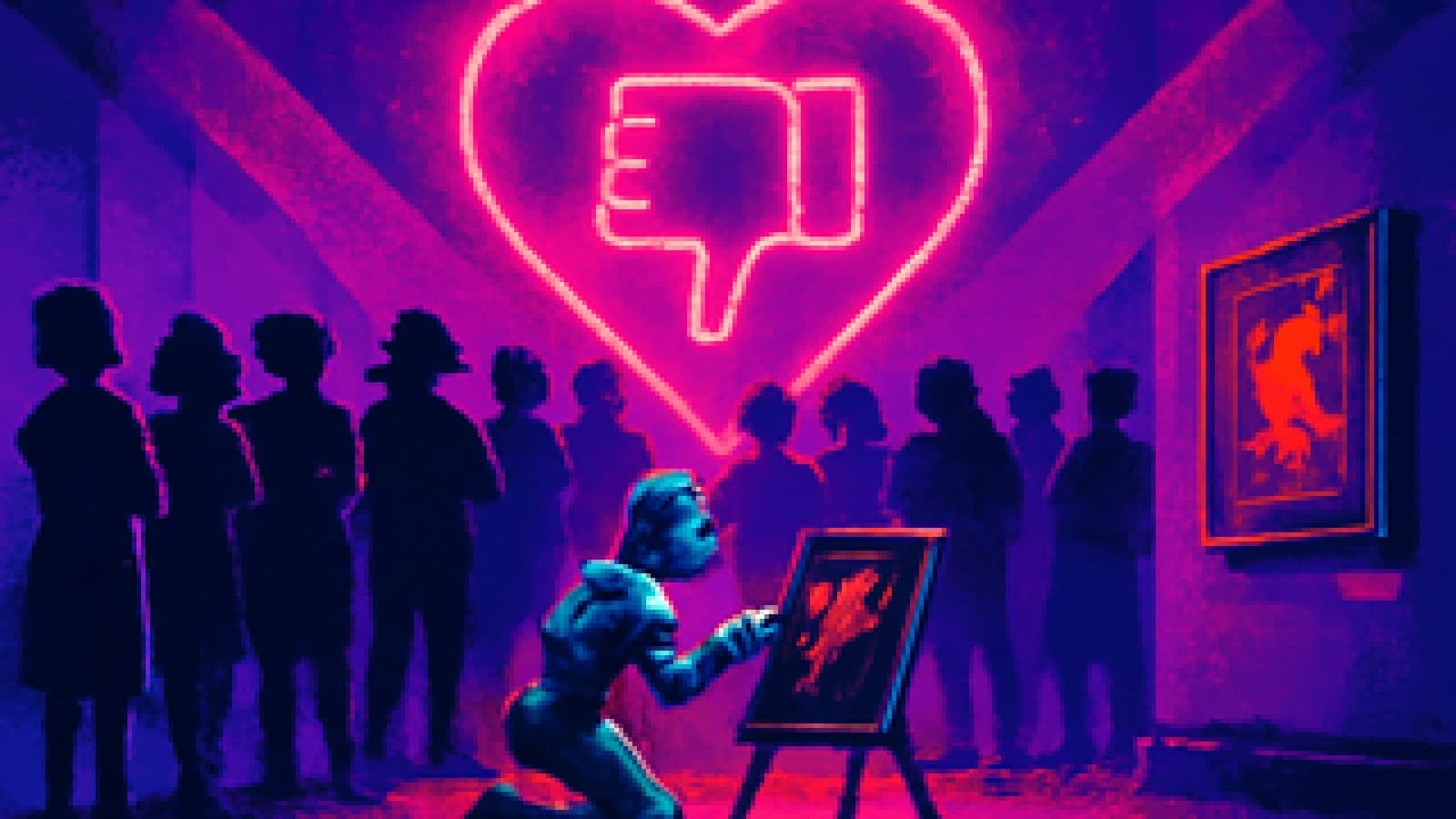 Pixel-art robot kneeling with a canvas in a gallery as a silhouetted crowd turns away under a neon broken heart.