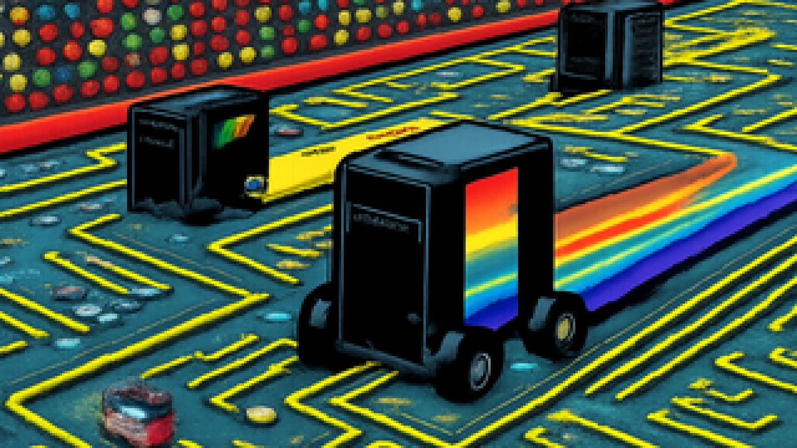 Pixel-art gaming PC towers racing on a circuit-board track with RGB light trails