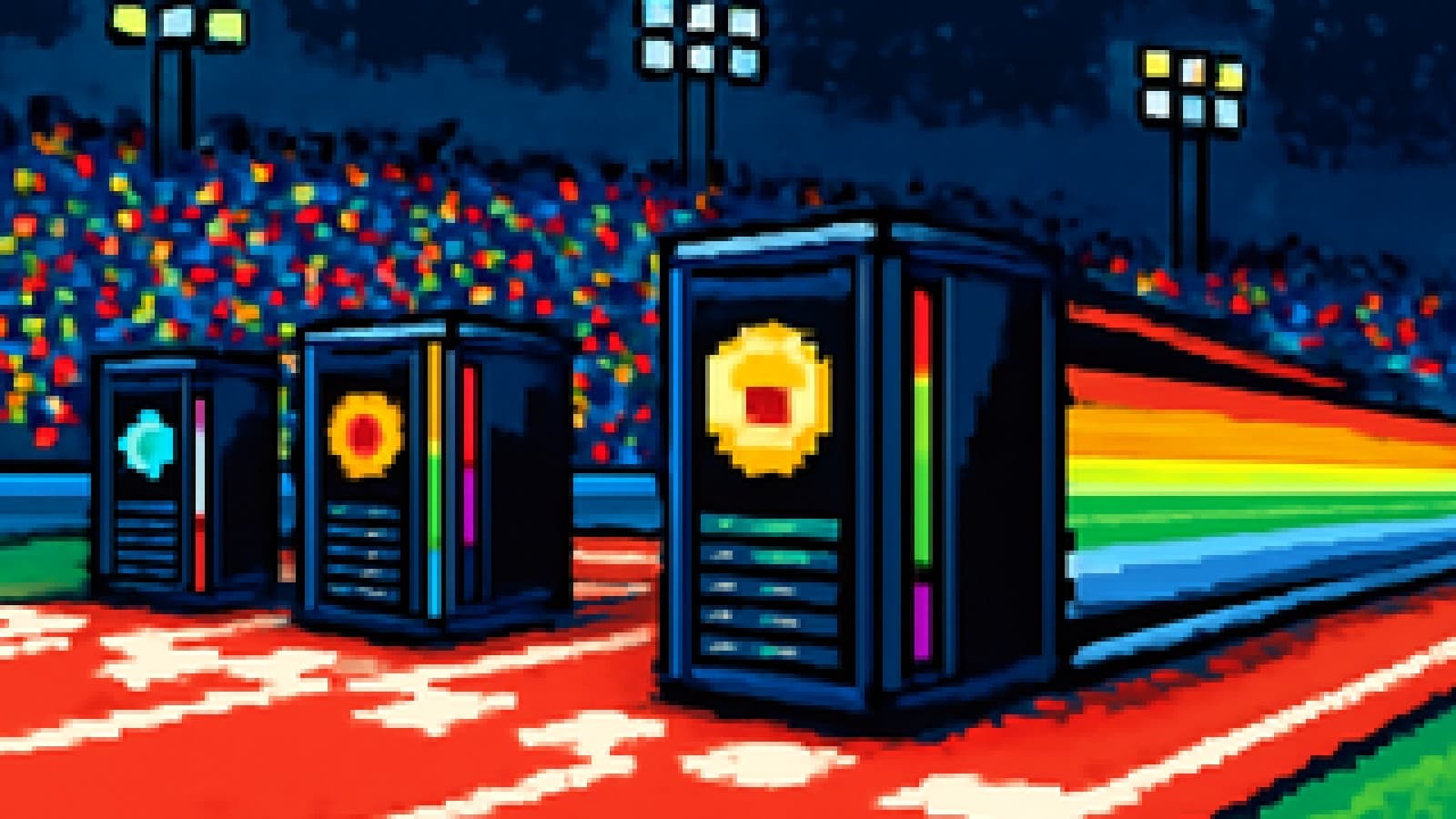 Pixel-art gaming PC towers racing off a starting grid with colorful RGB light trails
