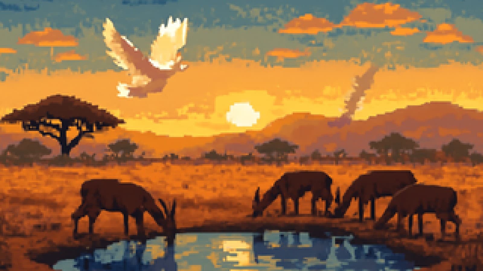 Pixel-art savanna at dawn with animals around a waterhole and a dove flying overhead.