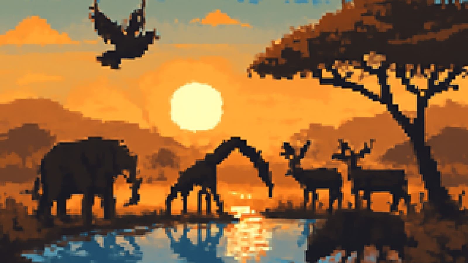 Pixel-art herd of animals at a sunrise waterhole with a dove overhead and fading smoke on the distant hills.