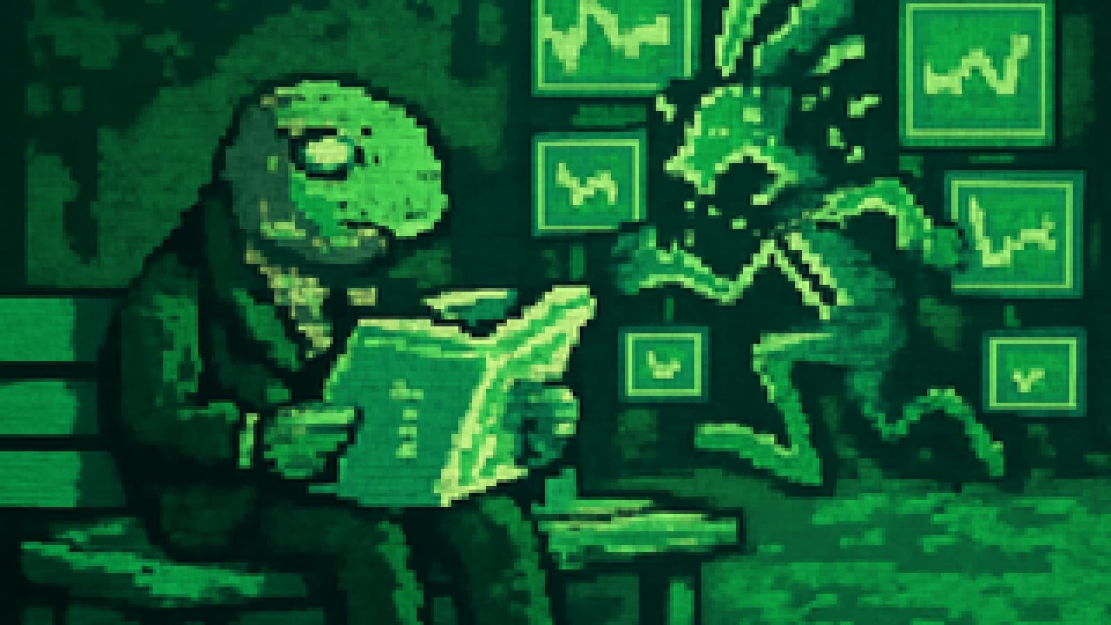 A relaxed tortoise in a suit reads on a bench while a stressed hare stares at a wall of flickering trading screens.