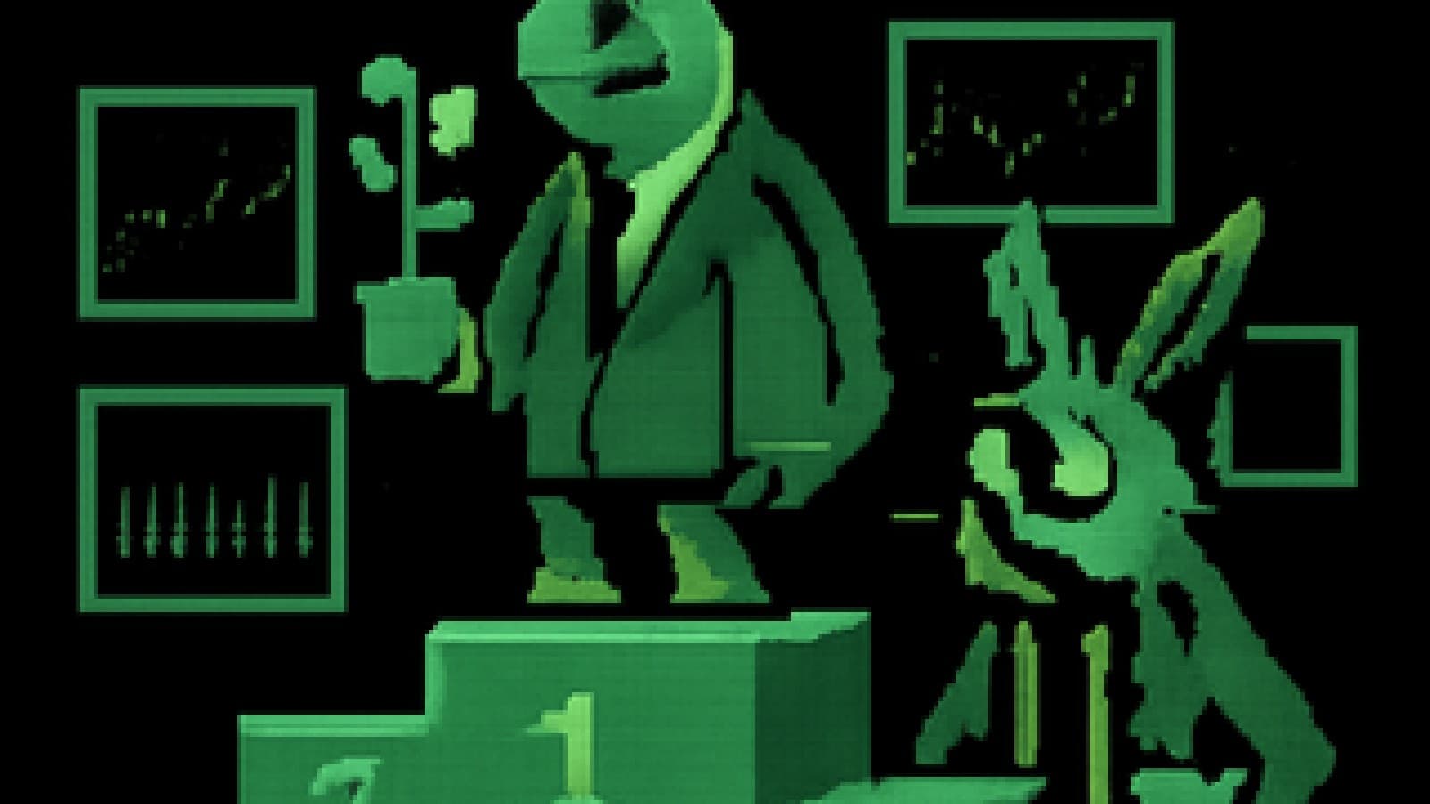 A suited tortoise on a winner's podium holds a coin-growing sapling while a stressed hare with trading screens stands in second place.
