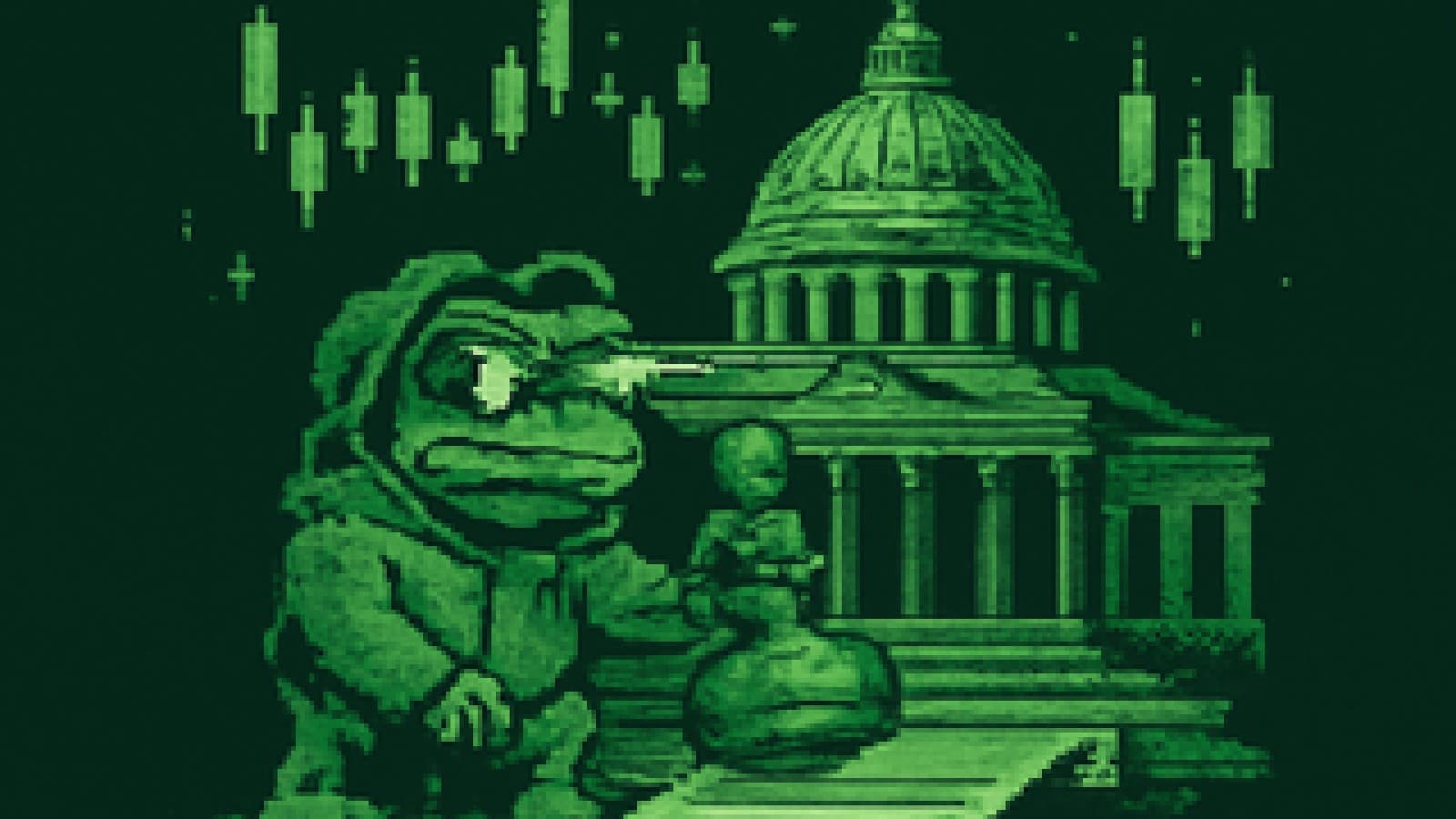 Pixel-art frog in sunglasses about to stamp a scroll in front of a domed government building, green candles in the sky.
