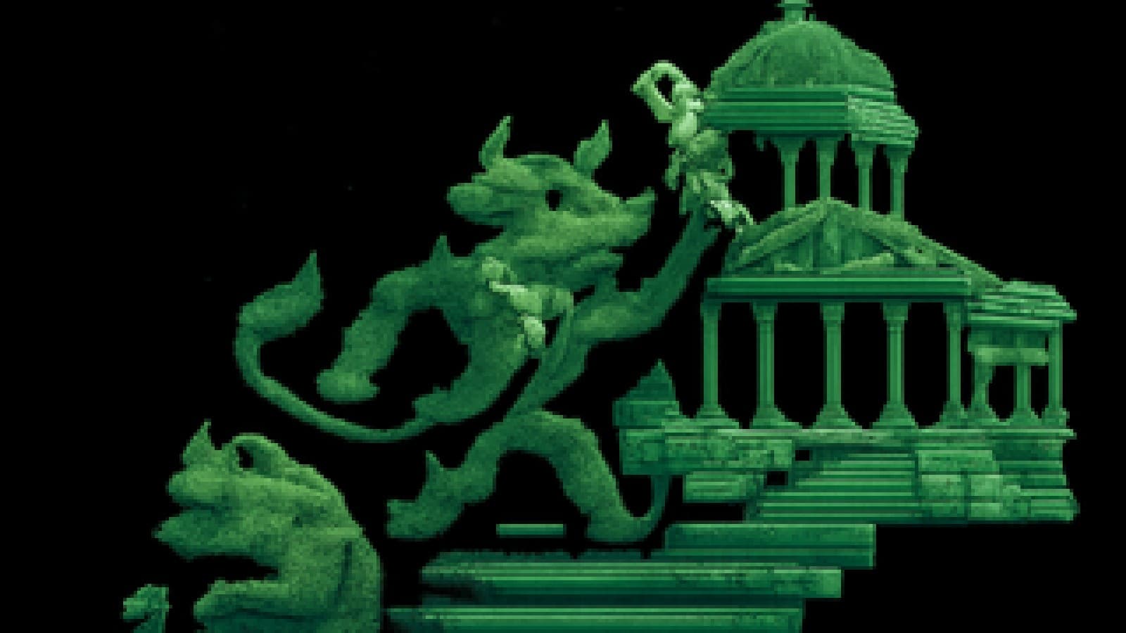 Pixel-art bull carrying a scroll up the steps of a domed government building past a sulking bear, green candlestick charts in the sky.